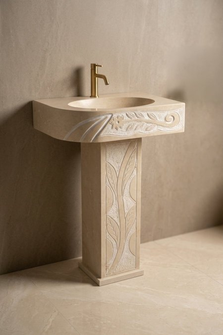 مغسلة حجر كلاسيك بنقوش فنية مع قاعدة